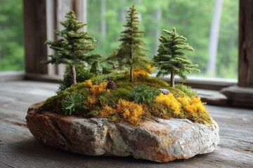 Poster - Miniature landscape features lush greenery and miniature trees on a rustic stone base indoors