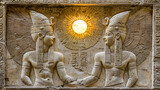 An ancient Egyptian relief carving depicting two pharaohs with elaborate headdresses, illuminated by a glowing sun disc