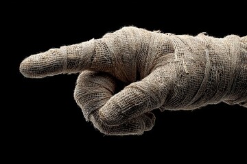 Poster - Hand wrapped in cloth pointing forward, showcasing texture and detail against a black background