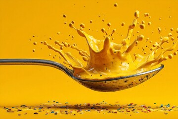 Aufkleber - Spoon creates a splash of bright yellow sauce against a vivid orange background with colorful sprinkles