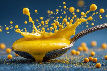 Aufkleber - Yellow mustard splash on a spoon creates an artistic display of droplets and textures against a blue background