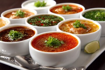 Aufkleber - Delicious array of colorful curries served in small bowls on a platter garnished with fresh herbs