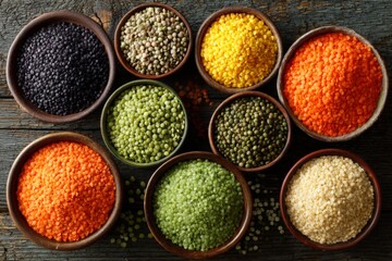 Poster - Variety of colorful lentils and grains displayed in bowls on rustic wooden table