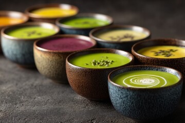 Poster - Assorted colorful bowls of soup presented on a dark surface in a creative culinary arrangement