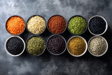 Poster - Colorful assortment of lentils and grains in bowls arranged neatly on a dark textured surface