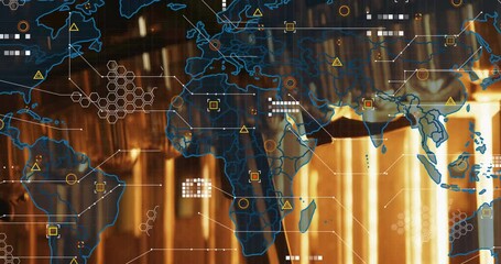 Fototapete - Faint blue outline appearing triggers icons connecting continents illustrating global data flow