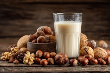 Poster - Creamy nut milk with assorted nuts placed on rustic wooden table for a healthy snack option