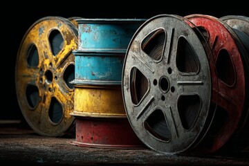 Poster - Old film reels in vibrant colors stacked together on a wooden surface showcasing vintage cinema history and craftsmanship
