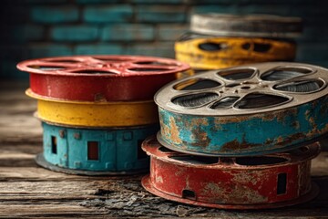 Aufkleber - Vintage film reels stacked on a rustic wooden surface showcasing colorful and weathered film containers