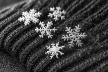 Poster - Close-up view of white decorative snowflakes scattered on a dark gray knitted woolen fabric, creating a cozy winter holiday atmosphere with a textured background.