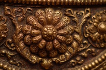Poster - Intricate golden floral carvings on ancient wooden surface showcase craftsmanship and artistry from a historical period