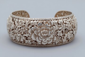 Aufkleber - Intricate silver bracelet with floral designs displayed on a neutral background