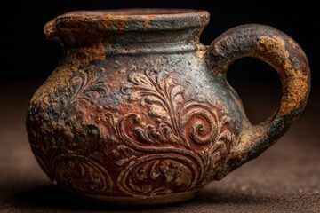 Poster - Ancient decorative pot displaying intricate floral patterns and weathered texture in close-up view