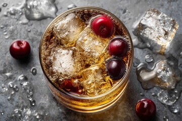 Poster - Refreshing drink with ice cubes and fresh cherries captured in a stylish glass on a textured surface