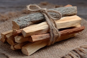 Aufkleber - Stacked firewood tied with twine displayed on rustic burlap fabric in a cozy indoor setting