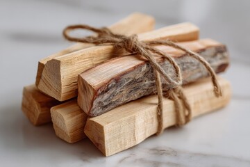 Aufkleber - Wooden sticks tied with twine resting on a surface, ideal for crafting or rustic decoration projects