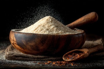 Aufkleber - Natural sweetener in wooden bowl on dark background with spoonful of seeds nearby