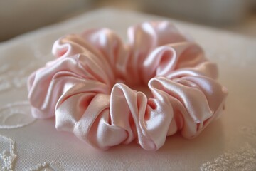 Aufkleber - Soft pink satin scrunchie displayed on a textured white surface, emphasizing its delicate design and luxurious feel for hair accessories
