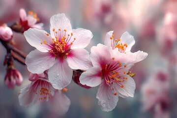Aufkleber - Cherry blossom flowers bloom elegantly in spring, showcasing delicate petals with vibrant colors and dew on a tranquil morning