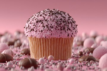 Poster - Delicious pink cupcake surrounded by colorful candy on a pink background during a festive celebration