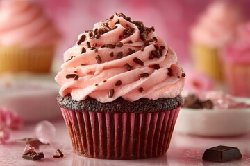 Poster - Delicious chocolate cupcake topped with pink frosting and chocolate sprinkles on a pastel backdrop