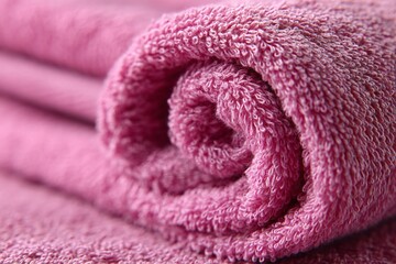 Aufkleber - Soft pink rolled towels stacked on each other in a home bathroom setting during the day