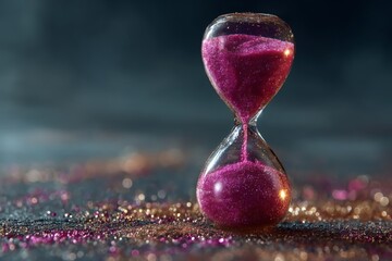 Leinwandbilder - Elegant hourglass with vibrant pink sand displayed on a shimmering surface during a moody evening setting