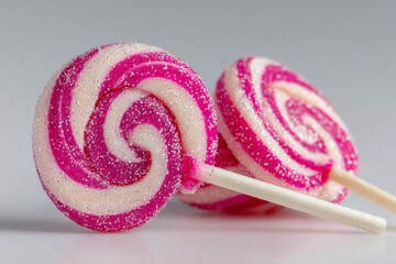 Poster - Colorful swirled lollipops sit on a smooth surface showcasing their vibrant pink and white design
