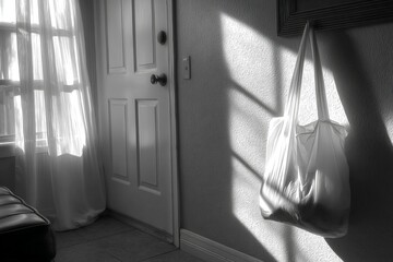Aufkleber - Light and shadows play in a cozy entryway featuring a white bag hanging by the door