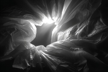 Poster - Wrinkled plastic wrap illuminated from within, creating a dramatic contrast in black and white