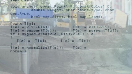 Poster - Code window scrolling over construction site with road roller revealing C++ intersection functions