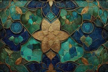 Poster - An ornate mosaic tile pattern with floral designs in shades of blue, green, and gold, creating a vintage look and adding a touch of luxury to any space.
