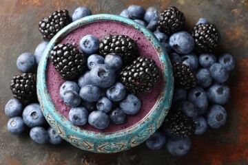 Aufkleber - Delicious smoothie bowl topped with fresh blueberries and blackberries on a textured surface, perfect for breakfast or a snack