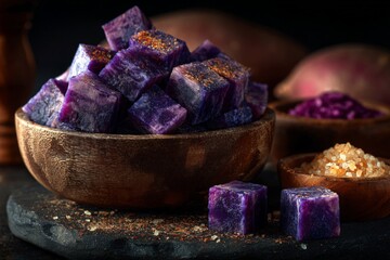 Aufkleber - Purple sweet potato cubes on wooden bowl with seasonings and sugar displayed on dark background