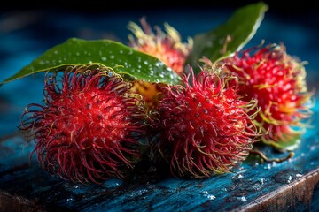 Poster - Fresh rambutan fruits displayed on a wooden surface with green leaves in a bright setting