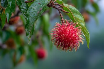 Aufkleber - Rambutan fruit growing on tree branch in tropical garden during sunny day