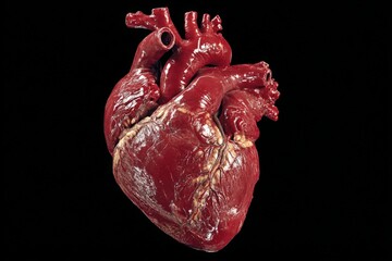 Poster - detailed anatomical model of a human heart viewed from multiple angles in a dark background showcasi