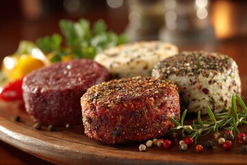 Poster - Delicious gourmet cheeses arranged on a wooden platter with fresh herbs and colorful vegetables