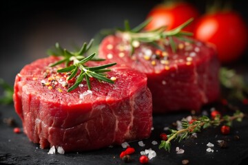 Poster - Fresh cuts of beef with herbs and spices on a dark surface ready for cooking