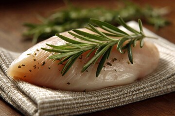 Poster - Fresh fish fillet garnished with rosemary on a textured cloth