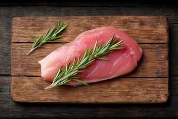 Poster - Fresh raw chicken breast on a wooden cutting board garnished with rosemary sprigs for culinary preparation