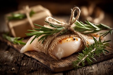 Poster - Fresh fish fillet surrounded by herbs and wrapped in twine on rustic wooden board in cozy kitchen setting