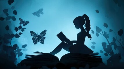Poster - A young woman sits on an open book, surrounded by books and calm atmosphere