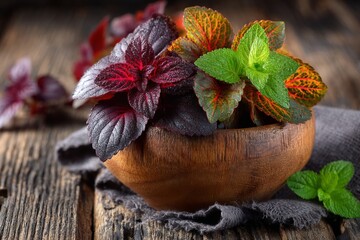 Poster - Fresh mint and colorful leaf plants arranged in a wooden bowl on rustic table with dark cloth in warm light