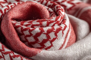 Aufkleber - Elegant red and white patterned fabric showcasing intricate textile design and craftsmanship in warm lighting