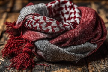 Poster - Stylish woven scarf with tassels displayed on rustic wooden background in autumn lighting