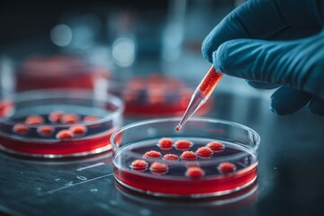 Leinwandbilder - Laboratory scientist conducting bacterial culture experiments in petri dishes using a micropipette