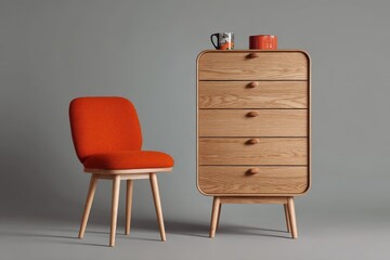 Aufkleber - Modern wooden furniture set with red chair and storage cabinet in minimalist interior design