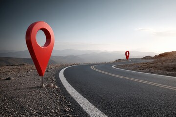 Poster - Red location markers stand along a winding road at sunset in a mountainous landscape