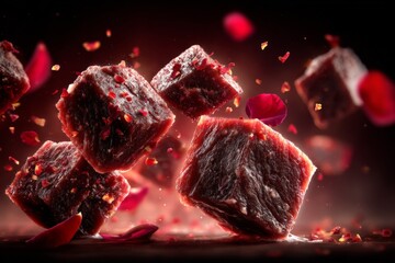 Poster - Food preparation with beef cubes surrounded by spices and flower petals in a vibrant culinary setting